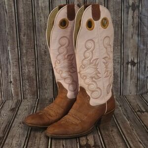 Sz 7 B Womens Hondo Buckaroo Pink Brown Leather Tall Western Cowboy Boots VGUC